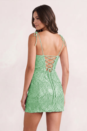 Mint Green Sparkly Sequin Sheath Bow Spaghetti Straps Homecoming Dress (4) | KISSPROM
