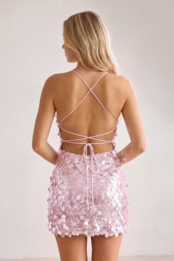 Pink Sparkly Spaghetti Straps Sequin Sheath Homecoming Dress (2) | KISSPROM