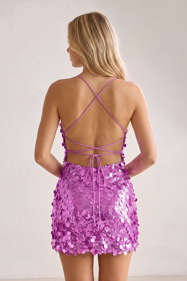 Purple Sparkly Spaghetti Straps Sequin Sheath Homecoming Dress (2) | KISSPROM