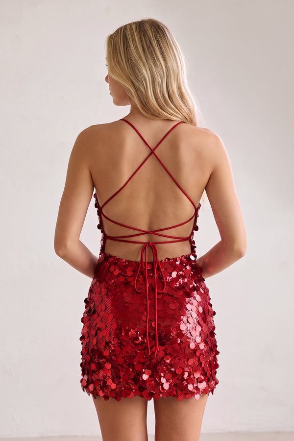 Burgundy Sparkly Spaghetti Straps Sequin Sheath Homecoming Dress | KISSPROM