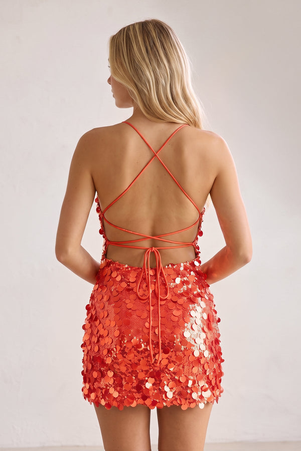 Orange Sparkly Spaghetti Straps Sequin Sheath Homecoming Dress (2) | KISSPROM