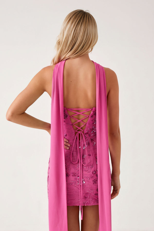 Hot Pink Strapless Sheath Embroidered Tulle Homecoming Dress with Scarf (2) | KISSPROM