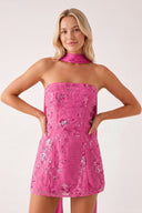 Hot Pink Strapless Sheath Embroidered Tulle Homecoming Dress with Scarf | KISSPROM