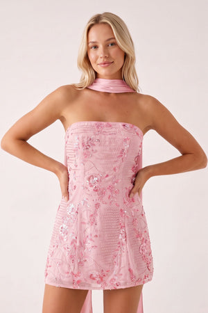 Pink Strapless Sheath Embroidered Tulle Homecoming Dress with Scarf | KISSPROM
