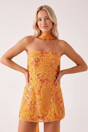 Orange Strapless Sheath Embroidered Tulle Homecoming Dress with Scarf | KISSPROM