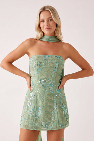 Mint Green Strapless Sheath Embroidered Tulle Homecoming Dress with Scraf | KISSPROM