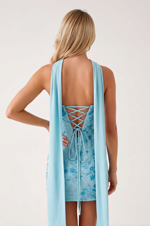 Blue Strapless Sheath Embroidered Tulle Homecoming Dress with Scarf (2) | KISSPROM