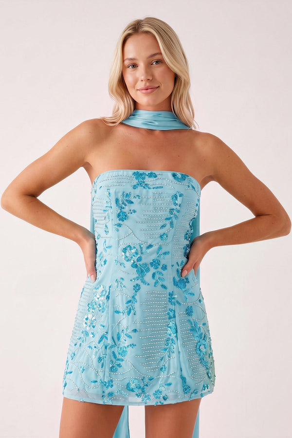 Blue Strapless Sheath Embroidered Tulle Homecoming Dress with Scarf | KISSPROM