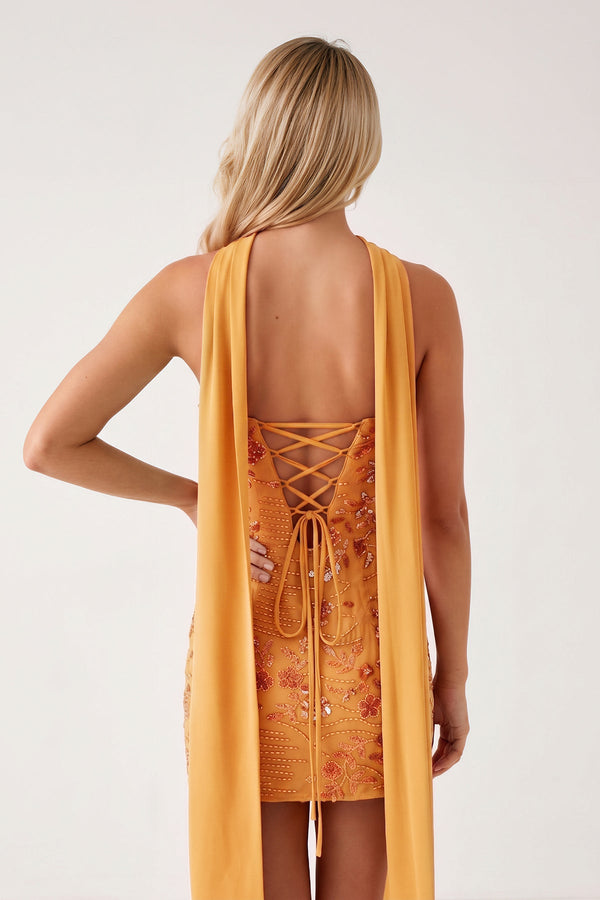 Orange Strapless Sheath Embroidered Tulle Homecoming Dress with Scarf (2) | KISSPROM