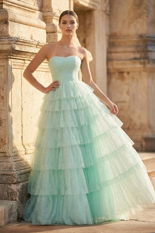 Mint Green Sweetheart Tulle Tiered A - Line Long Prom Dress with Slit - KissProm