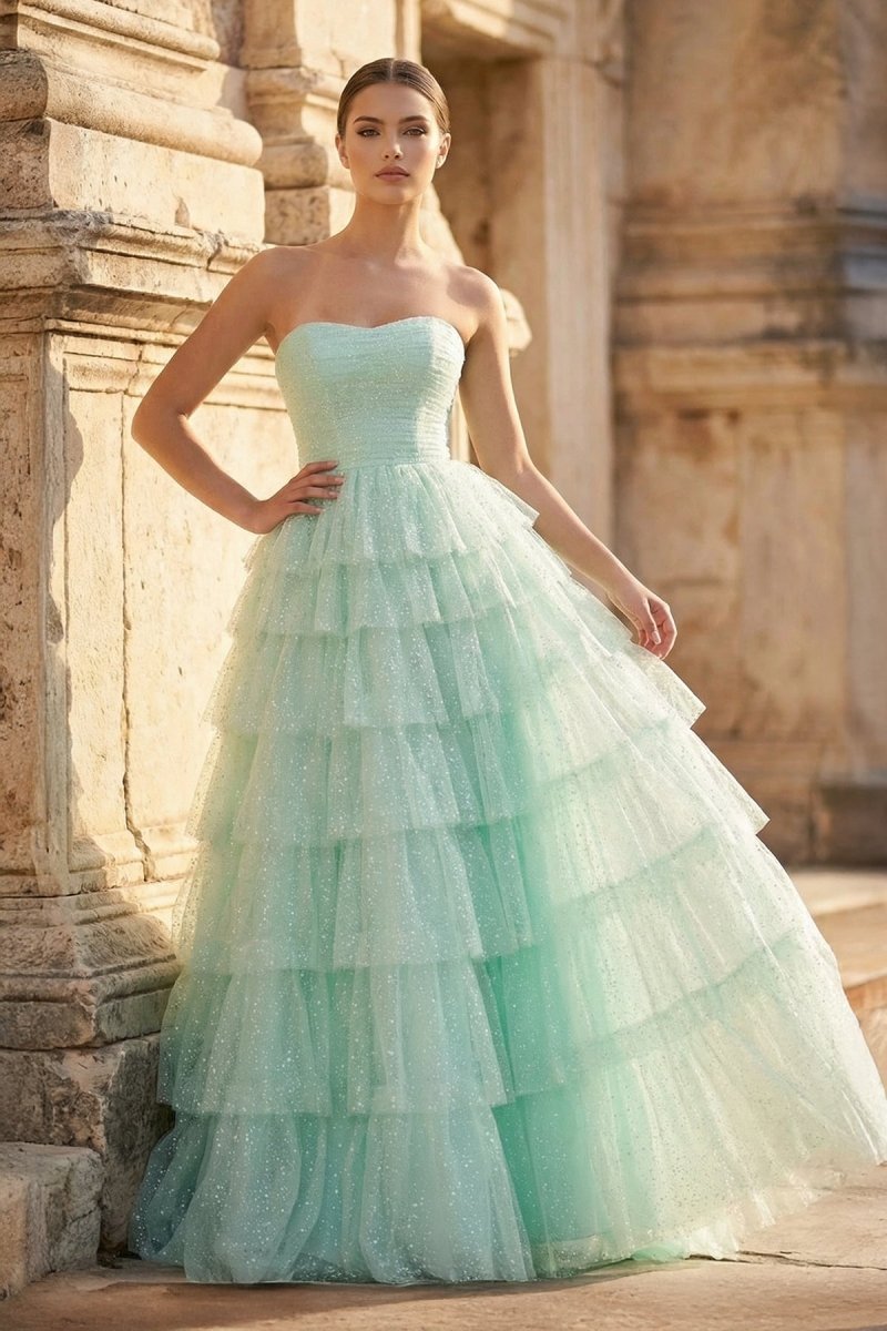 KissProm Mint Green Sweetheart Tulle Tiered A-Line Long Prom Dress with Slit, Mint Green / 8