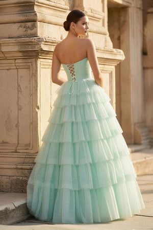 Mint Green Sweetheart Tulle Tiered A - Line Long Prom Dress with Slit - KissProm
