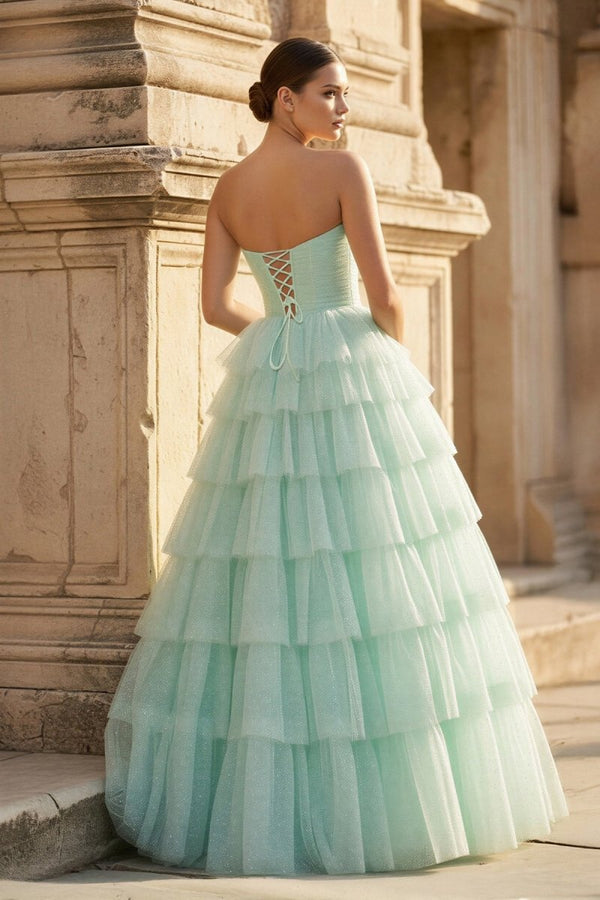 Mint Green Sweetheart Tulle Tiered A - Line Long Prom Dress with Slit - KissProm