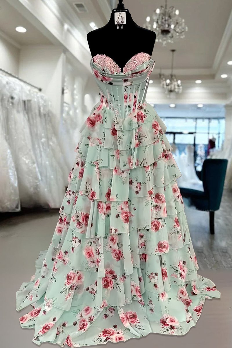 Pazit | Mint Green - Strapless A Line Chiffon Ruffled Long Prom Dresses With Floral - KissProm
