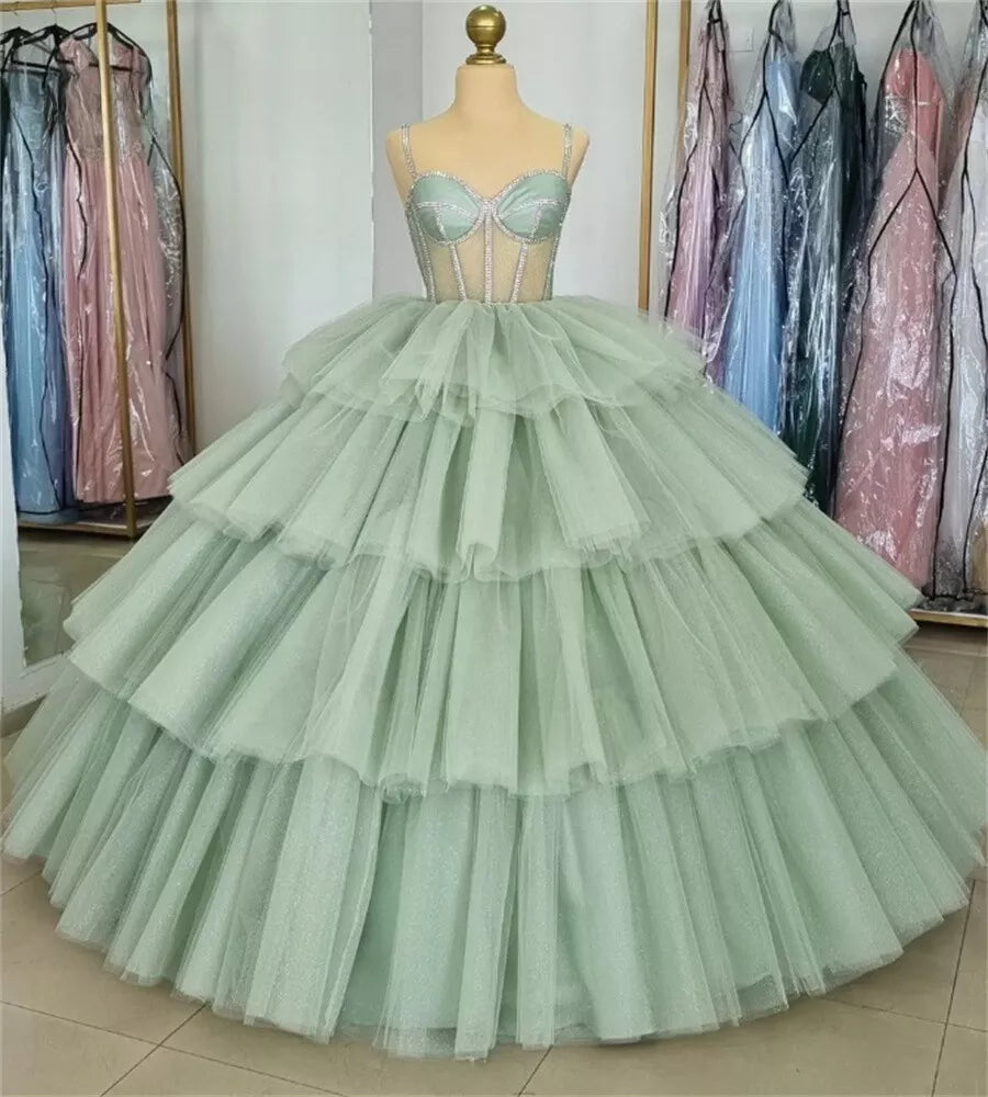 Sage Green  Luxury Tiered Tulle Ruffles Beaded Ball Gown Quinceanera Dress