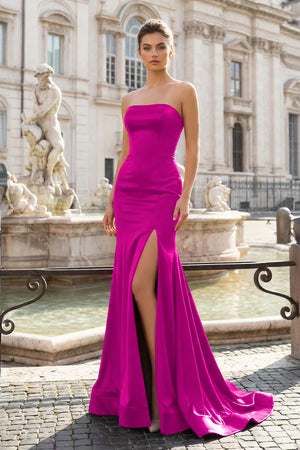 KissProm-Fuchsia Sleeveless Satin Long Prom Dress With Split