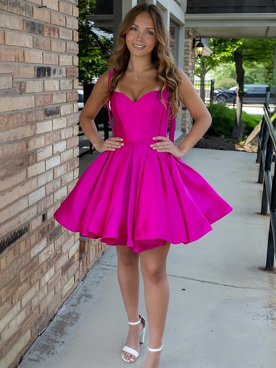 Mirel | Fuchsia - Spaghetti Straps Satin Pleated A Line Homecoming Dresses With Bow