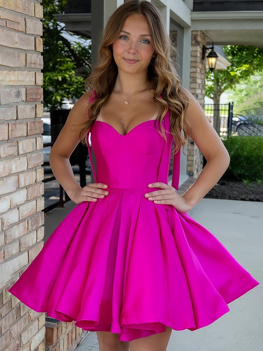 Mirel | Fuchsia - Spaghetti Straps Satin Pleated A Line Homecoming Dresses With Bow