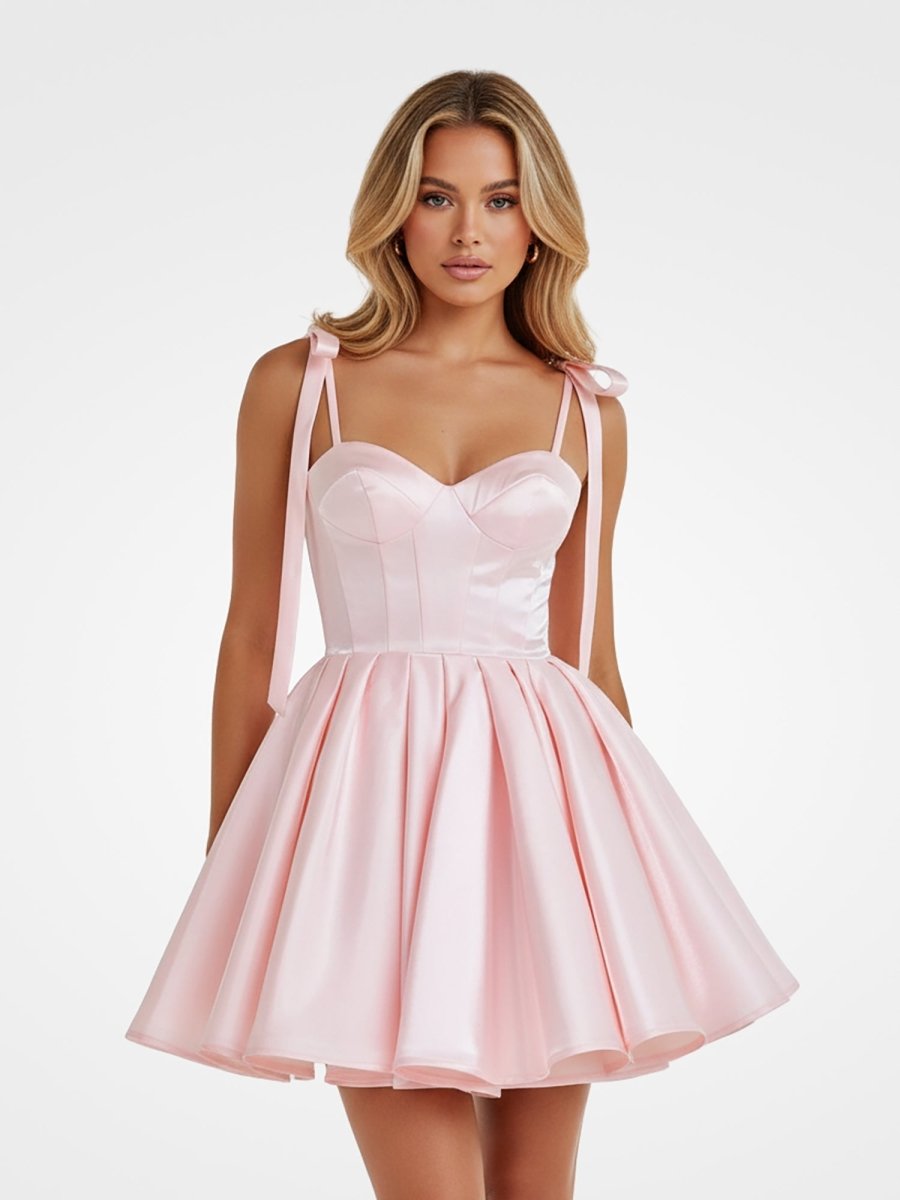 Mirel | Pink - Spaghetti Straps Satin Pleated A Line Homecoming Dresses With Bow