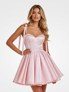 Mirel | Pink - Spaghetti Straps Satin Pleated A Line Homecoming Dresses With Bow