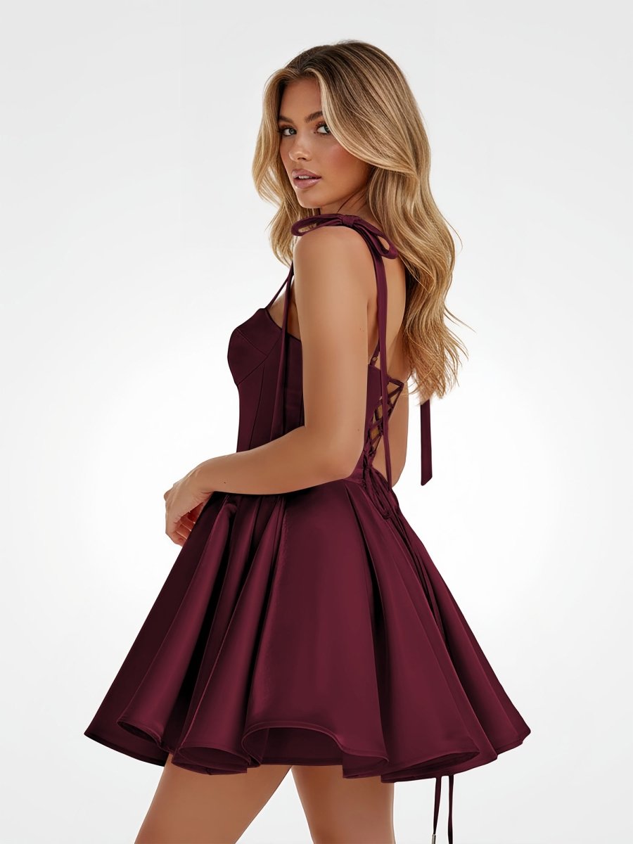 Burgundy Spaghetti Straps Satin Pleated A-Line Homecoming Dress with Bow Burgundy / 00 Burgundy Spaghetti Straps Satin Pleated A-Line Homecoming Dress with Bow Burgundy / 00
