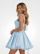 Mirel | Sky Blue - Spaghetti Straps Satin Pleated A Line Homecoming Dresses With Bow - KissProm