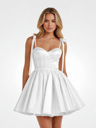 Mirel | White - Spaghetti Straps Satin Pleated A Line Homecoming Dresses With Bow - KissProm