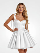 Mirel | White - Spaghetti Straps Satin Pleated A Line Homecoming Dresses With Bow - KissProm