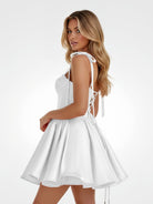 Mirel | White - Spaghetti Straps Satin Pleated A Line Homecoming Dresses With Bow - KissProm