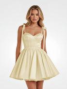 Mirel | Yellow - Spaghetti Straps Satin Pleated A Line Homecoming Dresses With Bow - KissProm
