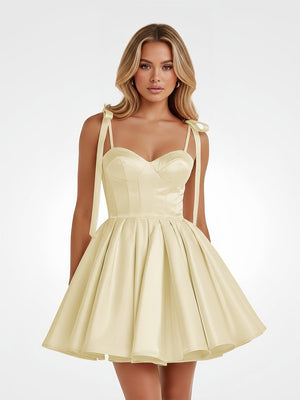 Mirel | Yellow - Spaghetti Straps Satin Pleated A Line Homecoming Dresses With Bow - KissProm