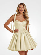 Mirel | Yellow - Spaghetti Straps Satin Pleated A Line Homecoming Dresses With Bow - KissProm