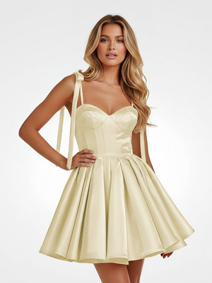 Mirel | Yellow - Spaghetti Straps Satin Pleated A Line Homecoming Dresses With Bow - KissProm