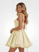 Mirel | Yellow - Spaghetti Straps Satin Pleated A Line Homecoming Dresses With Bow - KissProm