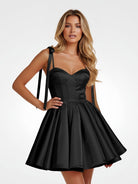 Mirel | Black - Spaghetti Straps Satin Pleated A Line Homecoming Dresses With Bow