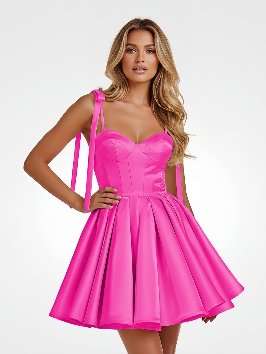 Mirel | Hot Pink - Spaghetti Straps Satin Pleated A Line Homecoming Dresses With Bow - KissProm