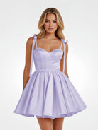 Mirel | Lavender - Spaghetti Straps Satin Pleated A Line Homecoming Dresses With Bow - KissProm
