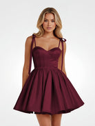 Mirel | Burgundy - Spaghetti Straps Satin Pleated A Line Homecoming Dresses With Bow