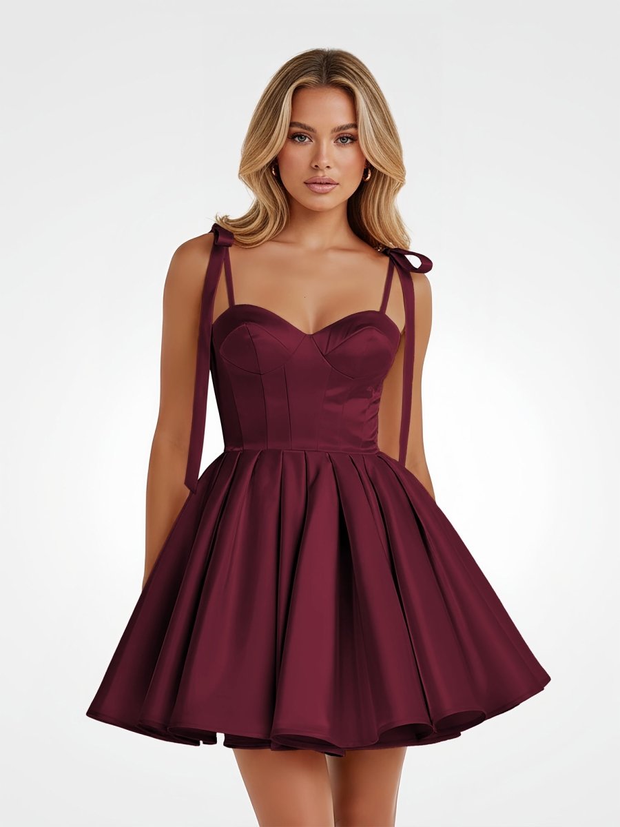 Mirel | Burgundy - Spaghetti Straps Satin Pleated A Line Homecoming Dresses With Bow