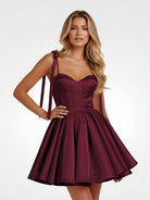 Mirel | Burgundy - Spaghetti Straps Satin Pleated A Line Homecoming Dresses With Bow