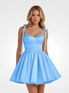 Mirel | Blue - Spaghetti Straps Satin Pleated A Line Homecoming Dresses With Bow