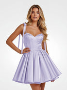 Mirel | Lavender - Spaghetti Straps Satin Pleated A Line Homecoming Dresses With Bow - KissProm
