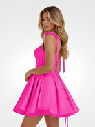 Mirel | Hot Pink - Spaghetti Straps Satin Pleated A Line Homecoming Dresses With Bow - KissProm