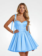 Mirel | Blue - Spaghetti Straps Satin Pleated A Line Homecoming Dresses With Bow