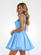 Mirel | Blue - Spaghetti Straps Satin Pleated A Line Homecoming Dresses With Bow