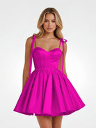 Mirel | Fuchsia - Spaghetti Straps Satin Pleated A Line Homecoming Dresses With Bow - KissProm