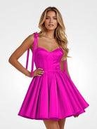 Mirel | Fuchsia - Spaghetti Straps Satin Pleated A Line Homecoming Dresses With Bow - KissProm