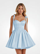 Mirel | Sky Blue - Spaghetti Straps Satin Pleated A Line Homecoming Dresses With Bow - KissProm