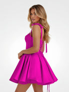 Mirel | Fuchsia - Spaghetti Straps Satin Pleated A Line Homecoming Dresses With Bow - KissProm