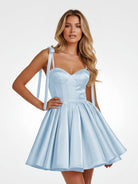 Mirel | Sky Blue - Spaghetti Straps Satin Pleated A Line Homecoming Dresses With Bow - KissProm